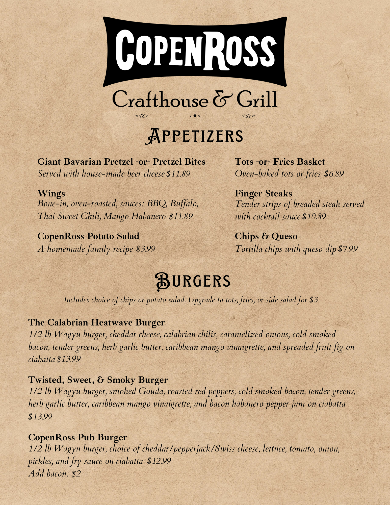 CopenRoss food menu page 1: appetizers and burgers