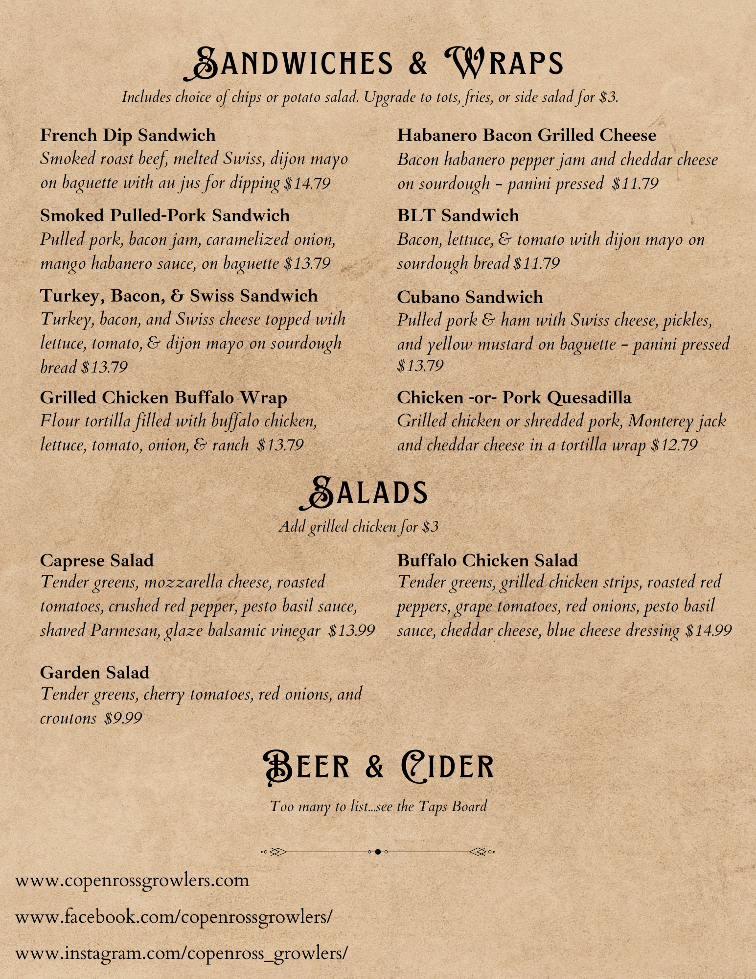 CopenRoss food menu page 2: sandwiches, wraps, salads, beer and cider